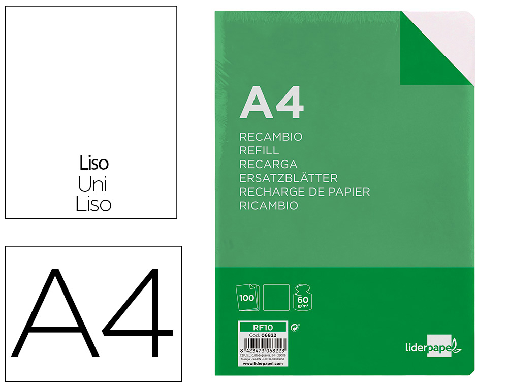 RECAMBIO LIDERPAPEL A4 100 HOJAS 60G/M2 LISO SIN MARGEN 4 TALADROS