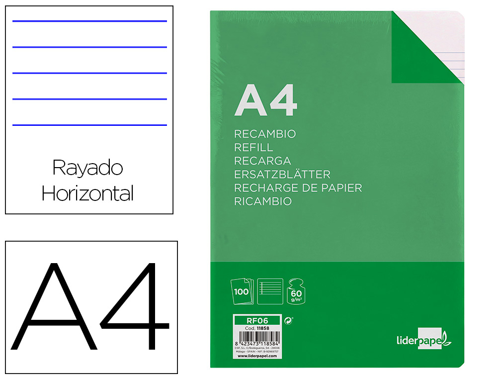 RECAMBIO LIDERPAPEL A4 100 HOJAS 60G/M2 HORIZONTAL CON MARGEN 4 TALADROS