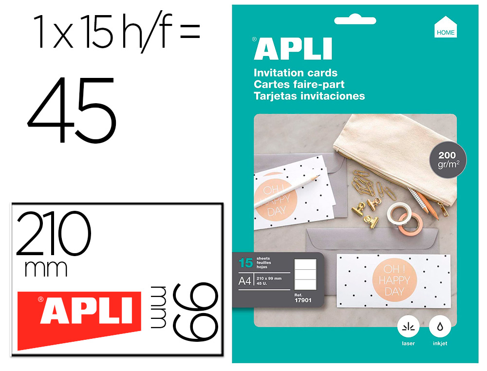 TARJETA DE VISITA APLI INVITACION HOGAR 210X99 MM 200 GR BLANCA PACK DE 15 HOJAS DIN A4