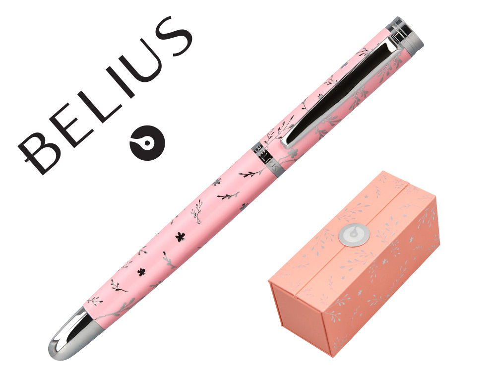PLUMA BELIUS BELLA ALUMINIO COLOR ROSA DISEO PLATEADO RELIEVE TINTA AZUL CAJA DE DISEO