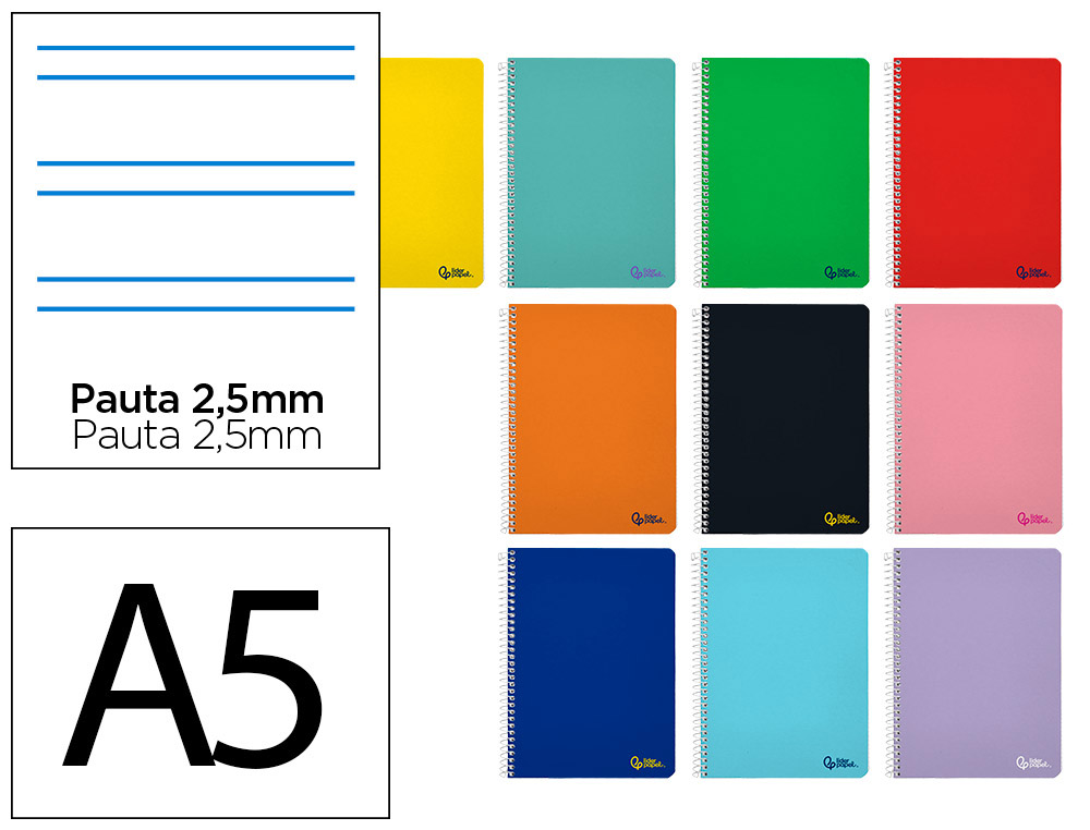 CUADERNO ESPIRAL LIDERPAPEL A5 SMART TAPA BLANDA 80H 75GR PAUTA 2,5MM CON MARGEN COLORES SURTIDOS