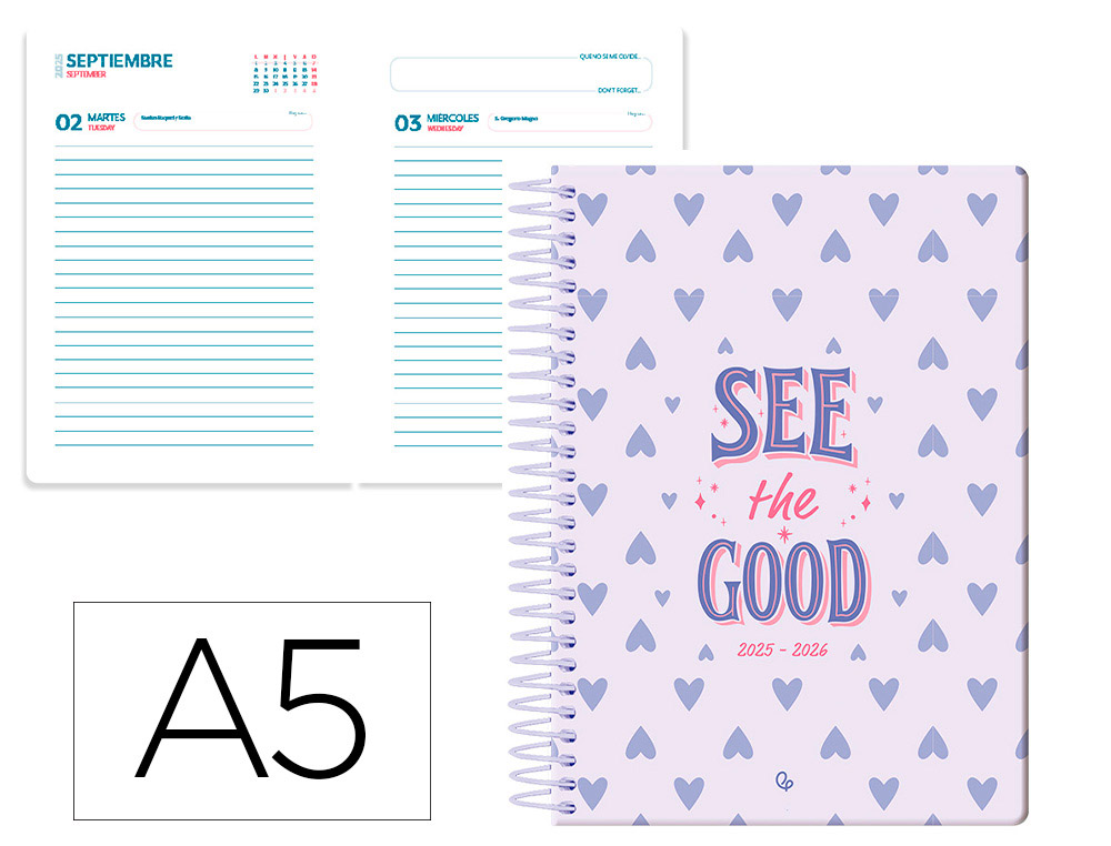 AGENDA ESCOLAR LIDERPAPEL 25-26 ESPIRAL PETITE CORAZONES DIA PAGINA A5 BILINGE PAPEL FSC 80 GR