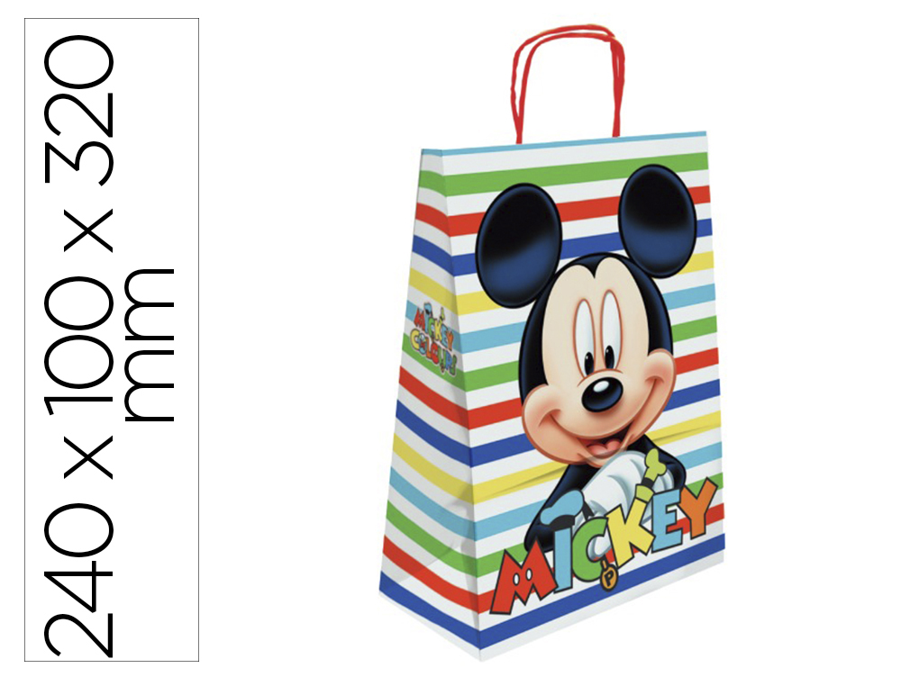 BOLSA PARA REGALO BASIKA PAPEL CELULOSA 90 GR MICKEY CON ASA RETORCIDA TAMAO S 240X100X320MM