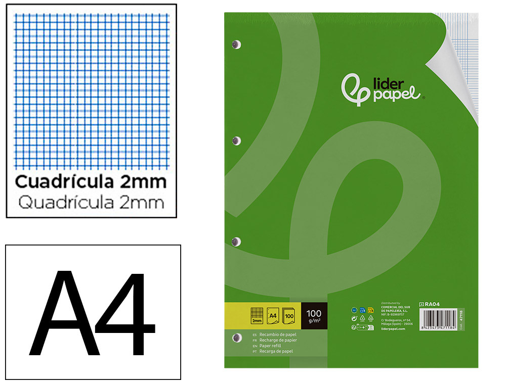 RECAMBIO LIDERPAPEL A4 100 HOJAS 100G/M2 CUADRO 2MM CON MARGEN 4 TALADROS