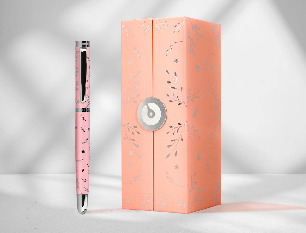 ROLLER BELIUS BELLA ALUMINIO COLOR ROSA DISEÑO PLATEADO RELIEVE TINTA COLOR NEGRO CAJA DE DISEÑO