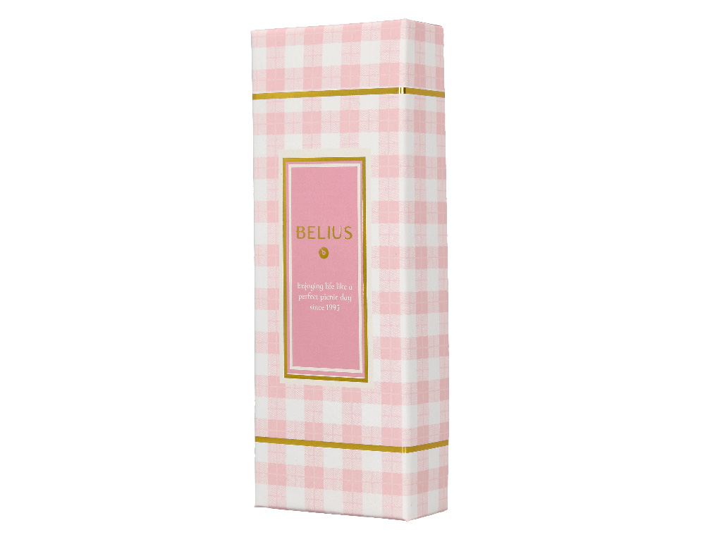 BOLIGRAFO BELIUS PICNIC ALUMINIO COLOR ROSA DORADO TINTA COLOR AZUL CAJA DE DISEÑO