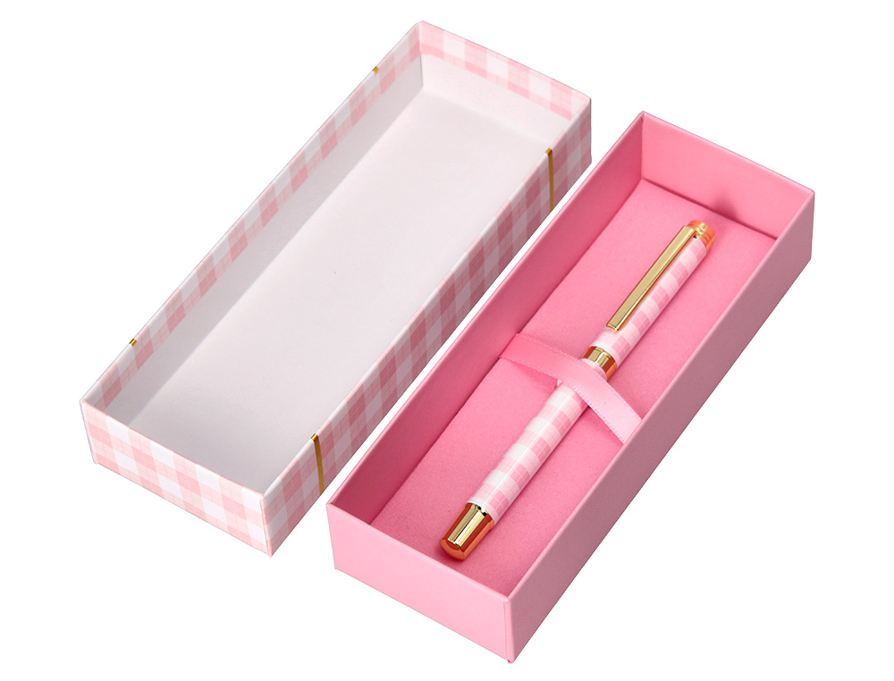 BOLIGRAFO BELIUS PICNIC ALUMINIO COLOR ROSA DORADO TINTA COLOR AZUL CAJA DE DISEÑO