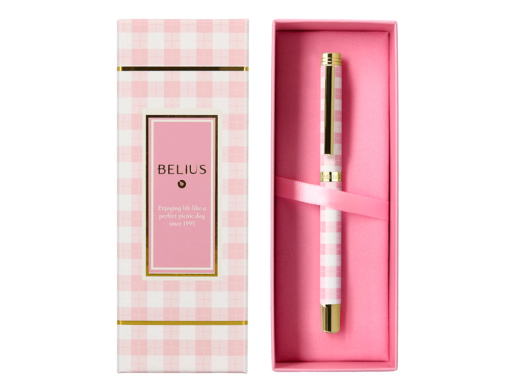 BOLIGRAFO BELIUS PICNIC ALUMINIO COLOR ROSA DORADO TINTA COLOR AZUL CAJA DE DISEÑO