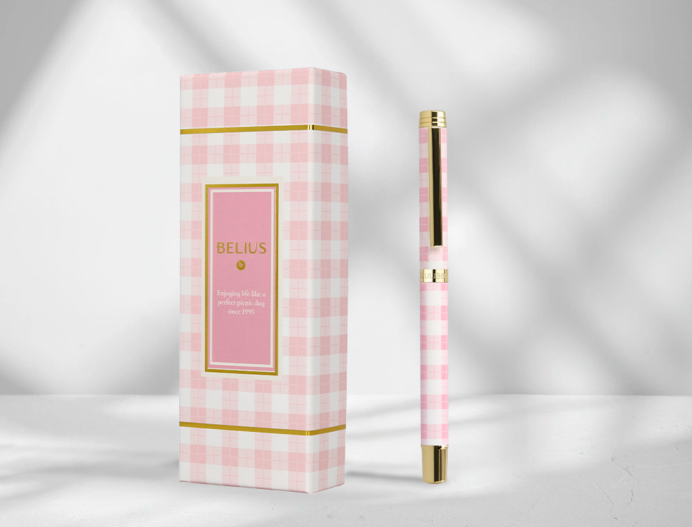 BOLIGRAFO BELIUS PICNIC ALUMINIO COLOR ROSA DORADO TINTA COLOR AZUL CAJA DE DISEÑO