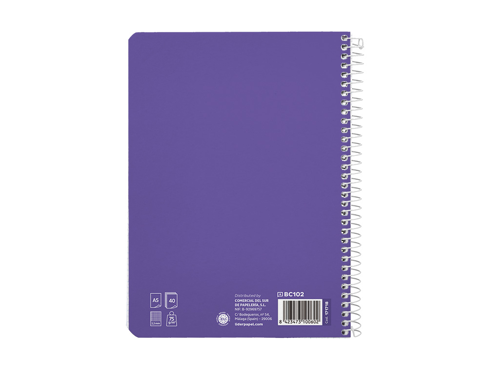 CUADERNO ESPIRAL LIDERPAPEL A5 PAUTAGUIA TAPA BLANDA 40H 75 GR CUADRO PAUTADO 2,5MM COLOR LILA