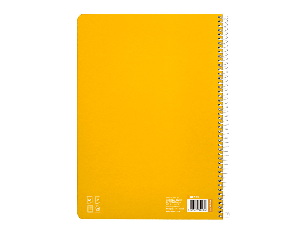 CUADERNO ESPIRAL LIDERPAPEL A4 PAUTAGUIA TAPA DURA 80H 90 GR CUADRO PAUTADO 4MM COLOR AMARILLO