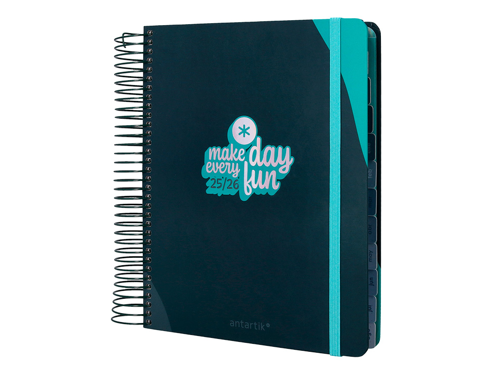 AGENDA ESCOLAR ANTARTIK 25-26 ESPIRAL FUN DAY AZUL OSCURO DIA PAGINA A5 BILINGÜE PAPEL FSC 80 GR