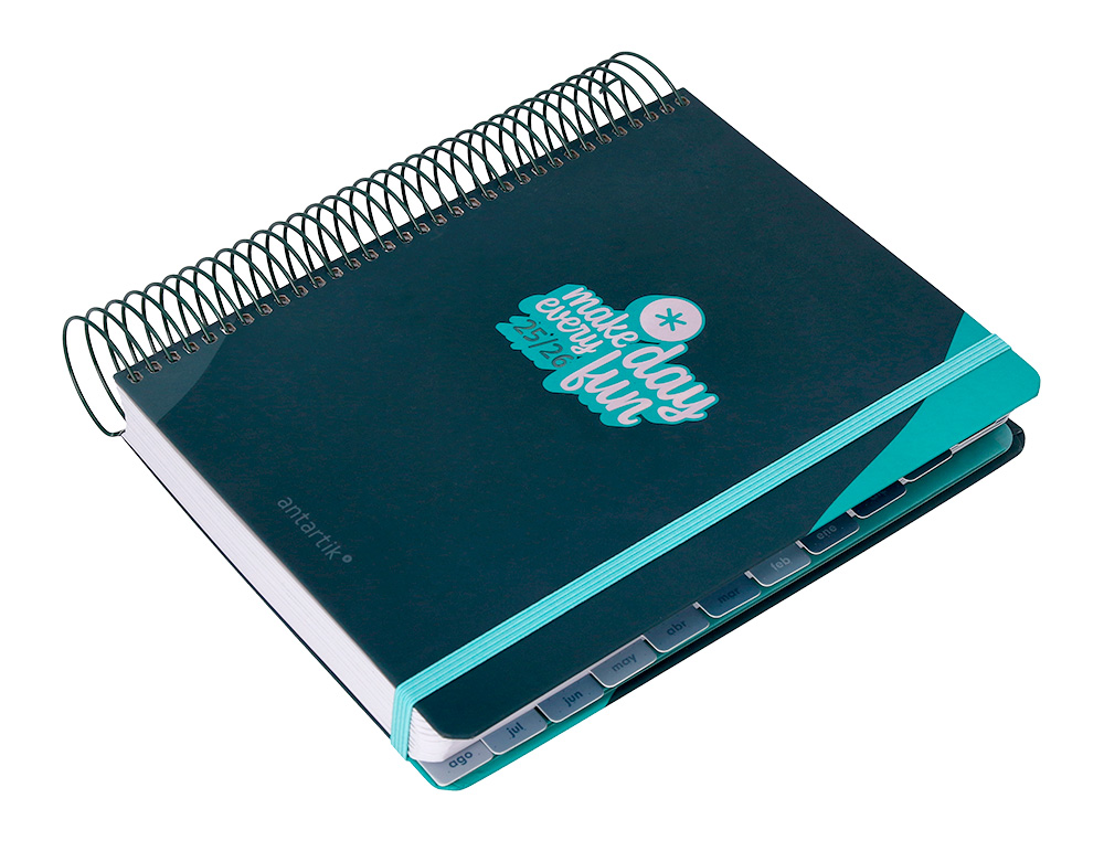 AGENDA ESCOLAR ANTARTIK 25-26 ESPIRAL FUN DAY AZUL OSCURO DIA PAGINA A5 BILINGÜE PAPEL FSC 80 GR