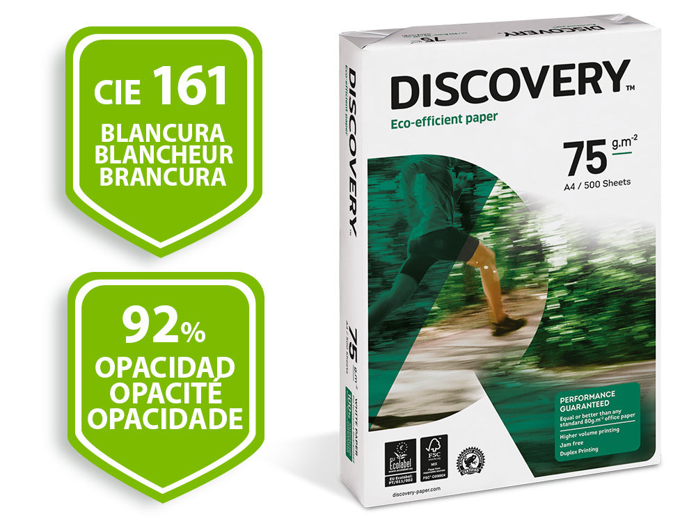 PAPEL FOTOCOPIADORA DISCOVERY DIN A4 75 GRAMOS PAPEL MULTIUSO INK-JET Y LASER PAQUETE DE 500 HOJAS