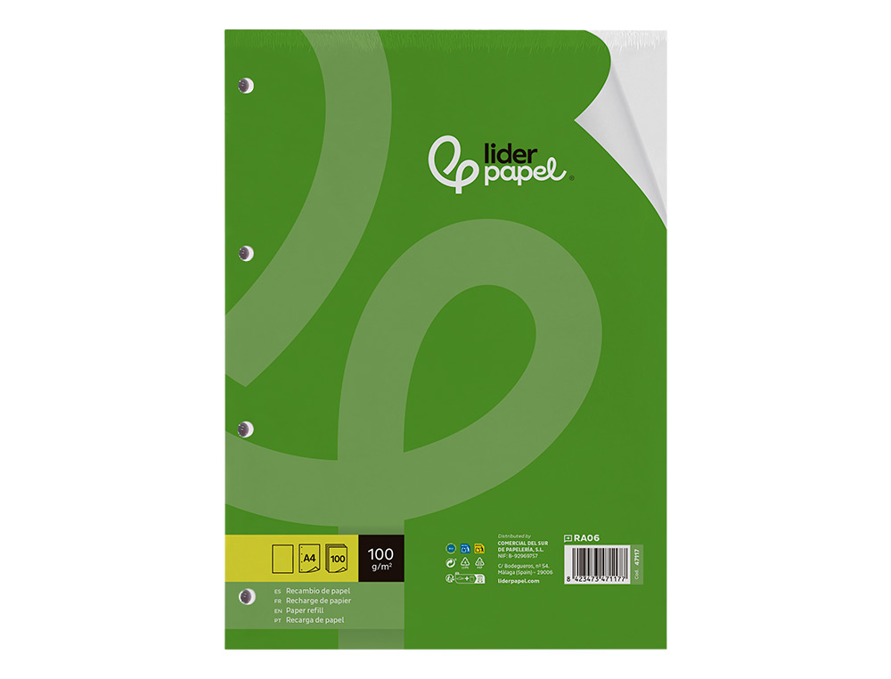 RECAMBIO LIDERPAPEL A4 100 HOJAS 100G/M2 LISO SIN MARGEN 4 TALADROS