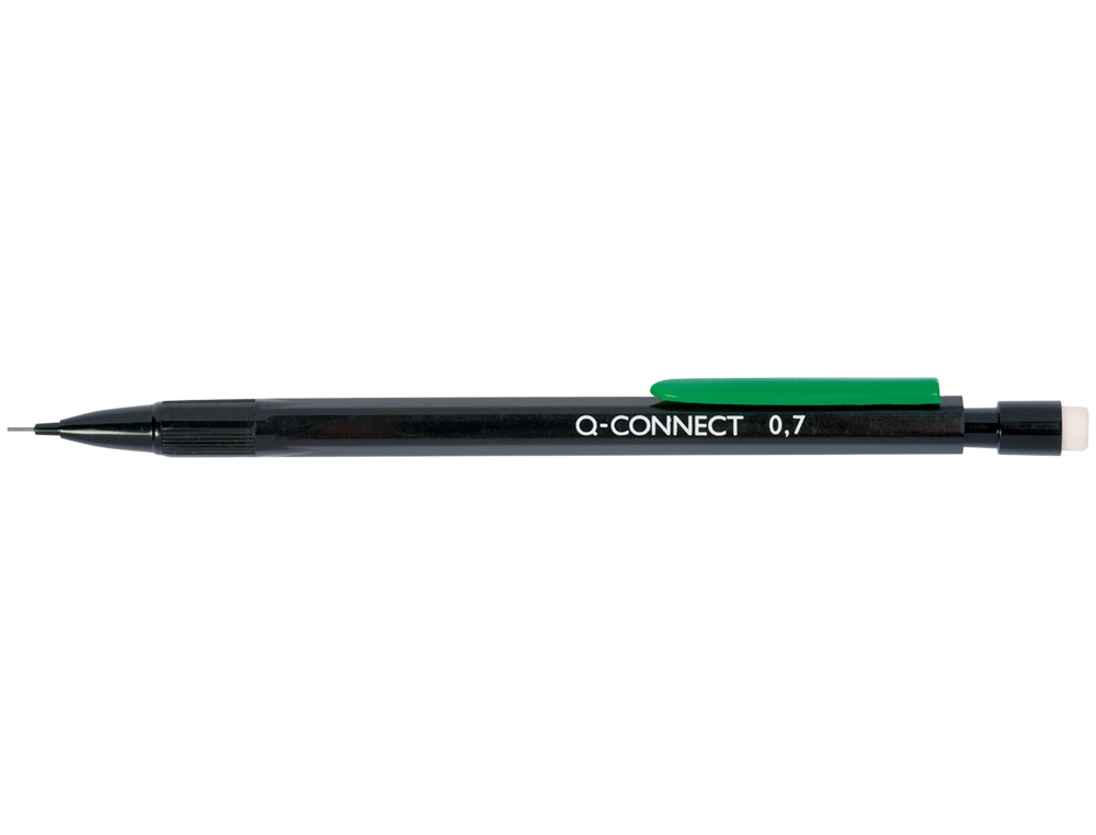 PORTAMINAS Q-CONNECT 0,7 MM CON 3 MINAS CUERPO NEGRO CON CLIP VERDE