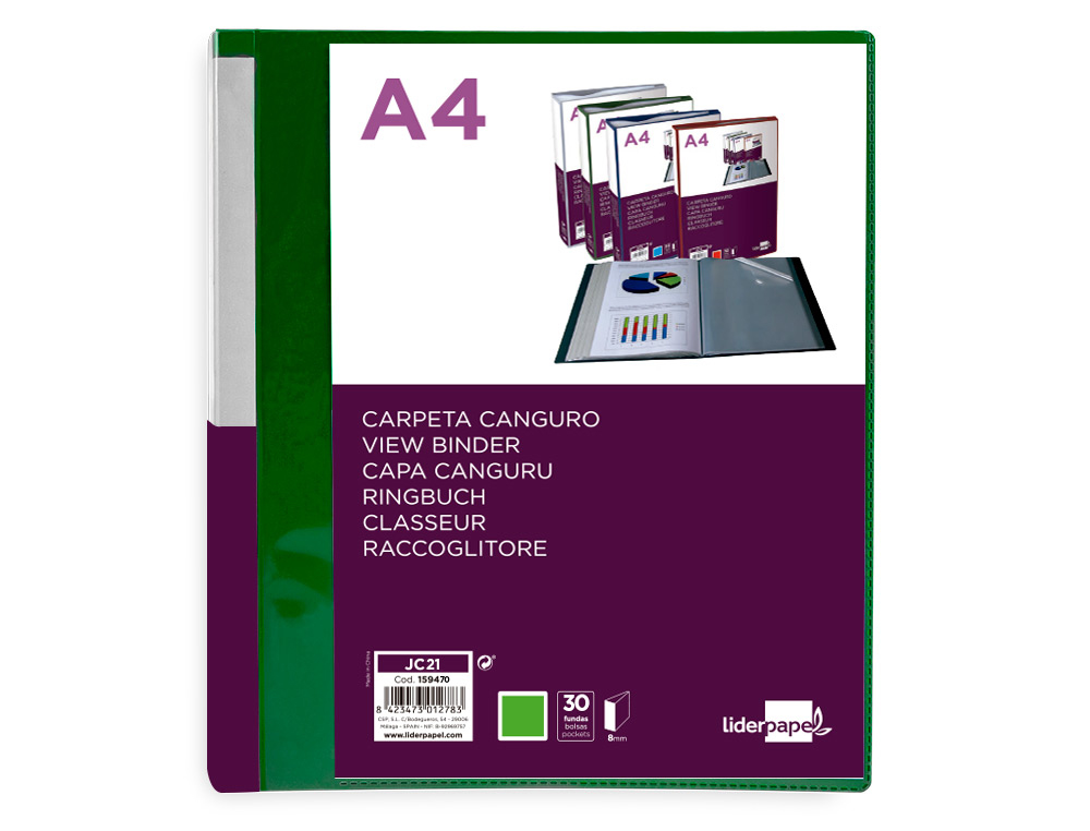 CARPETA LIDERPAPEL 30 FUNDAS CANGURO PP DIN A4 VERDE TRANSLUCIDO PORTADA Y LOMO PERSONALIZABLE