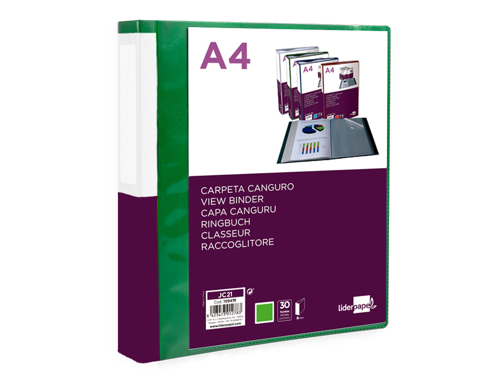 CARPETA LIDERPAPEL 30 FUNDAS CANGURO PP DIN A4 VERDE TRANSLUCIDO PORTADA Y LOMO PERSONALIZABLE
