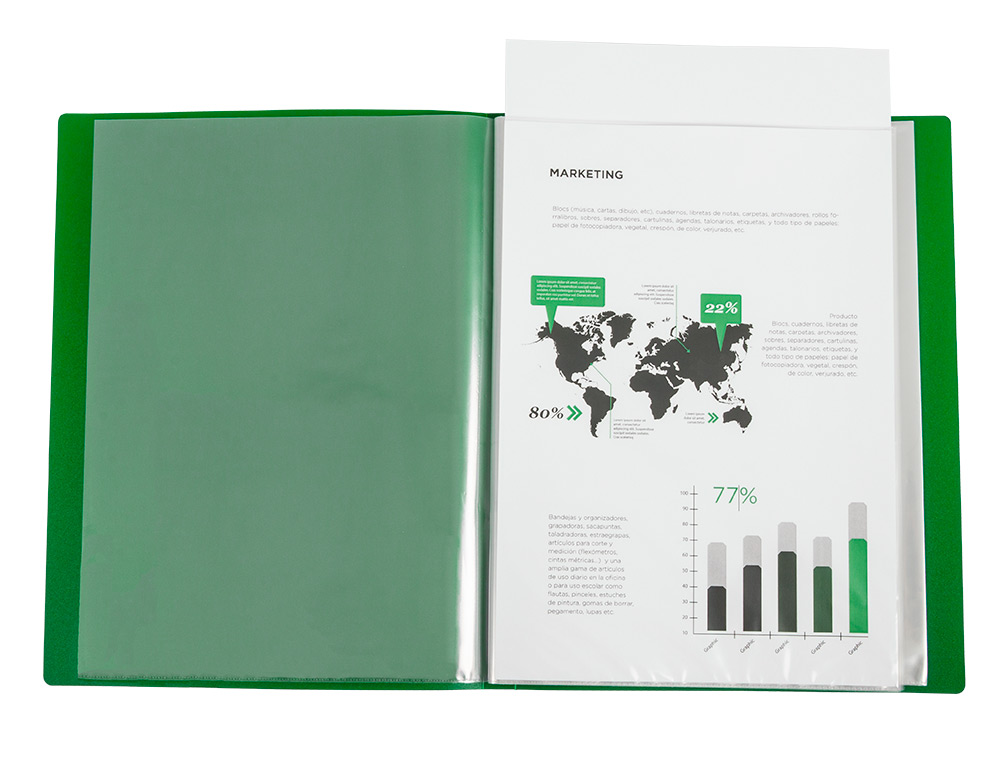 CARPETA LIDERPAPEL 30 FUNDAS CANGURO PP DIN A4 VERDE TRANSLUCIDO PORTADA Y LOMO PERSONALIZABLE