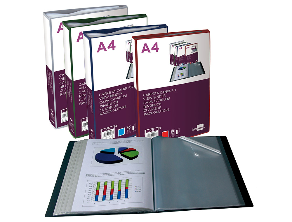 CARPETA LIDERPAPEL 30 FUNDAS CANGURO PP DIN A4 VERDE TRANSLUCIDO PORTADA Y LOMO PERSONALIZABLE
