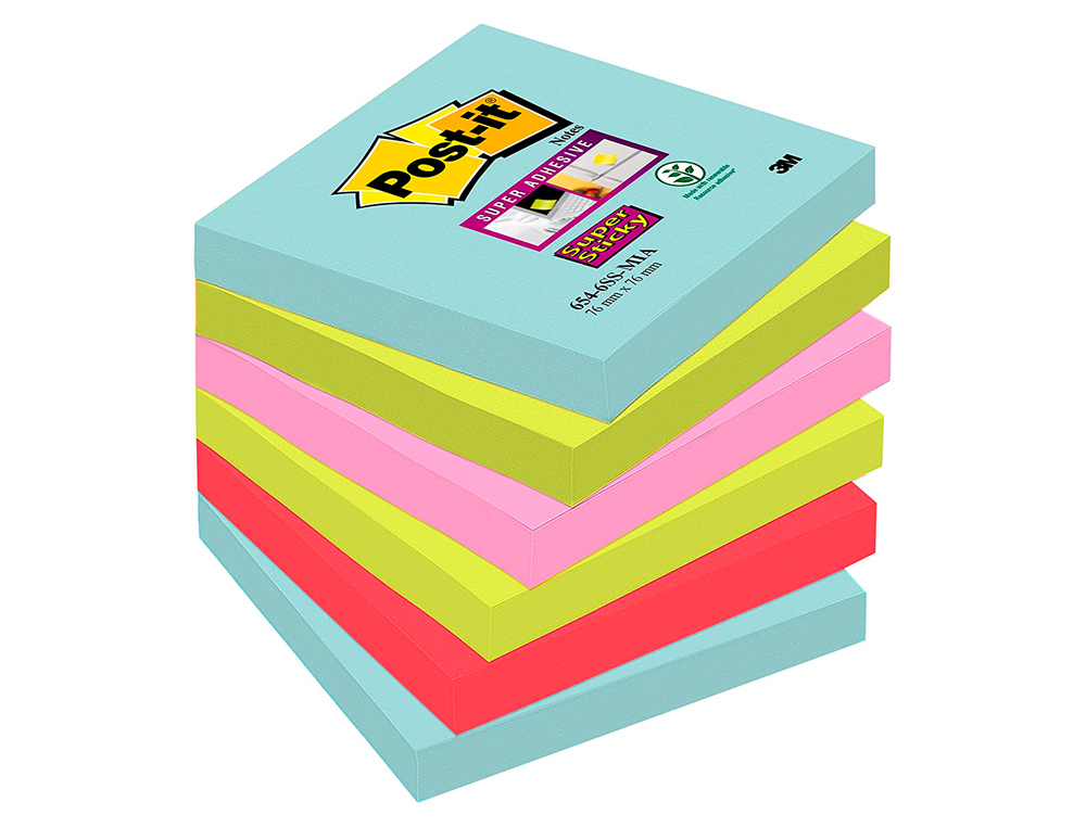BLOC DE NOTAS ADHESIVAS QUITA Y PON POST-IT SUPER STICKY 76X76 MM CON 90 HOJAS PACK DE 6 UNIDADES COLORES MIAMI