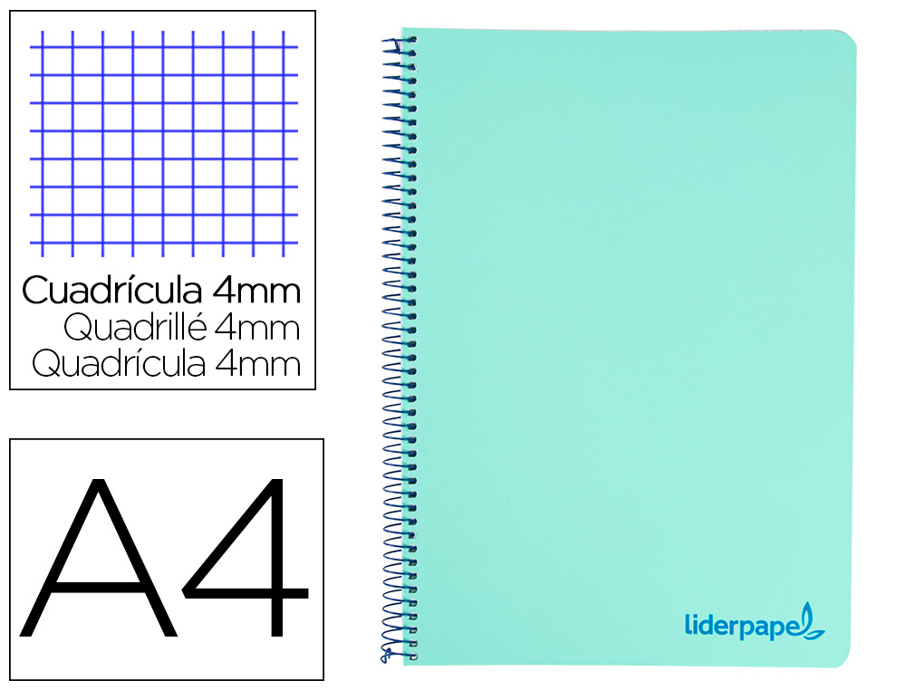 CUADERNO ESPIRAL LIDERPAPEL A4 WONDER TAPA PLASTICO 80H 90GR CUADRO 4MM CON MARGEN COLOR VERDE PASTEL