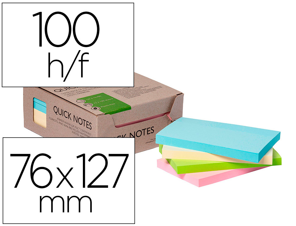 BLOC DE NOTAS ADHESIVAS QUITA Y PON Q-CONNECT 76X127 MM 100% PAPEL RECICLADO COLORES PASTELES EN CAJA DE CARTON