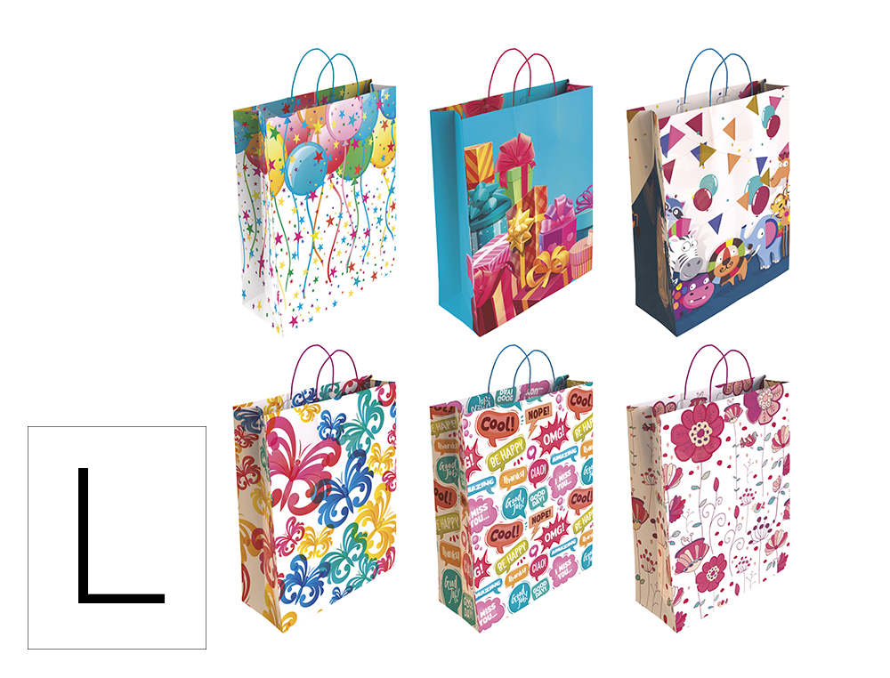 BOLSA PARA REGALO BASIKA PAPEL ESTUCADO 160 GR TODO AO CON ASA RETORCIDA TAMAO L 32+14X40 CM