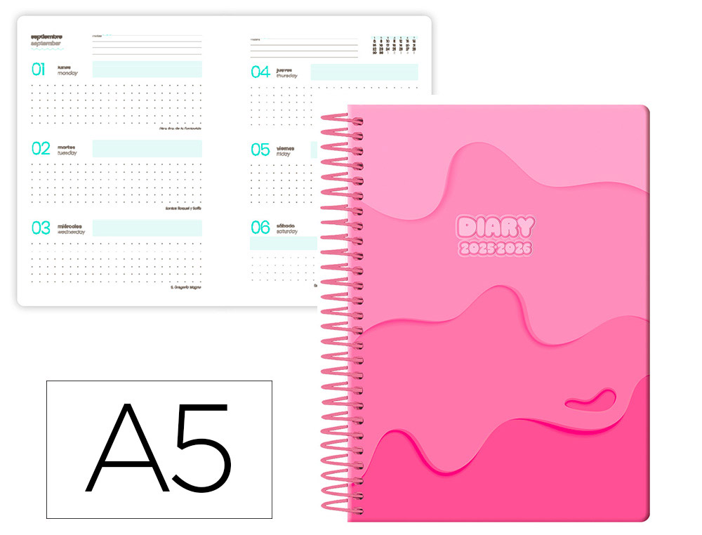 AGENDA ESCOLAR LIDERPAPEL 25-26 ESPIRAL MELTING ROSA SEMANA VISTA A5 BILINGE PAPEL FSC 80 GR