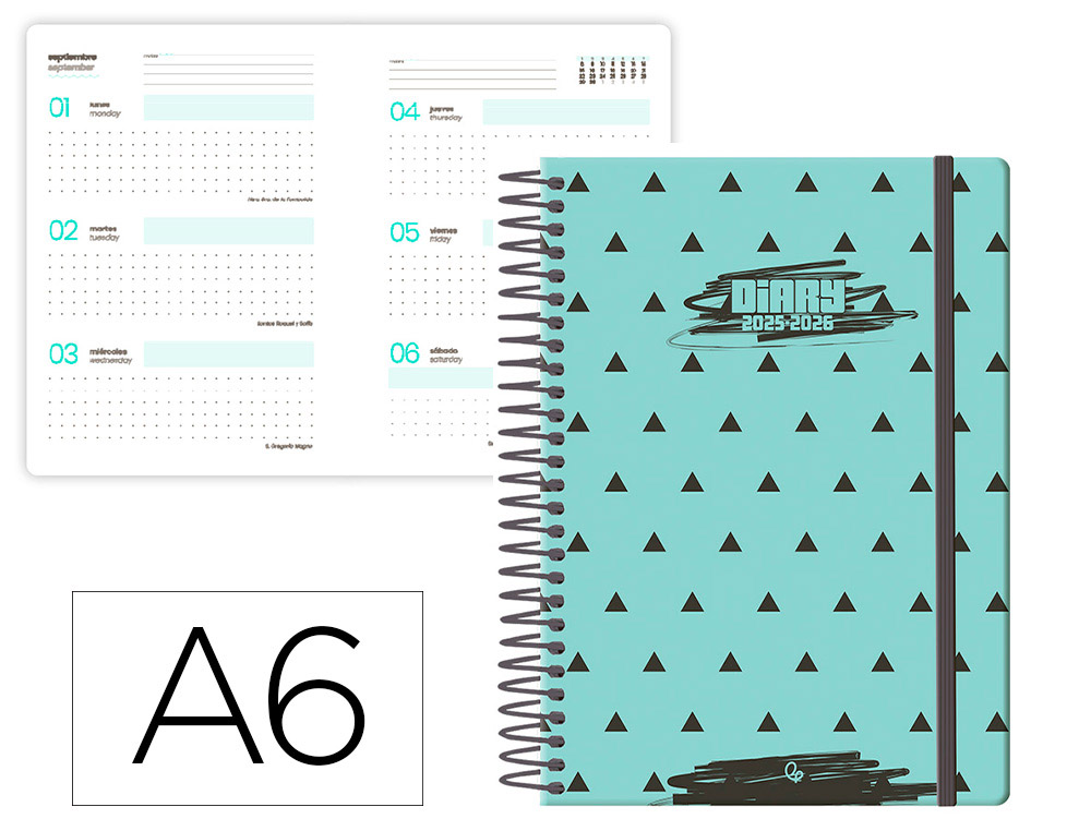 AGENDA ESCOLAR LIDERPAPEL 25-26 ESPIRAL PATTERNS TRIANGULOS SEMANA VISTA A6 BILINGE PAPEL FSC 80 GR