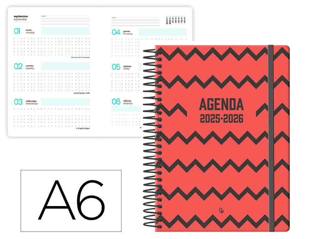 AGENDA ESCOLAR LIDERPAPEL 25-26 ESPIRAL PATTERNS ZIGZAG SEMANA VISTA A6 BILINGE PAPEL FSC 80 GR