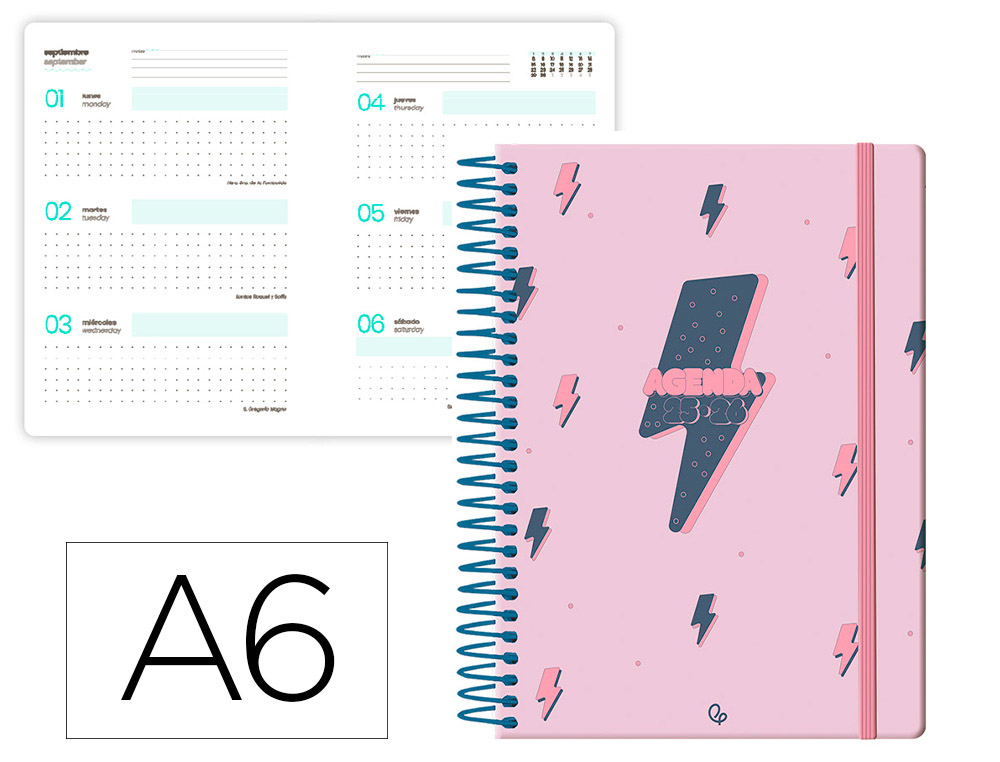 AGENDA ESCOLAR LIDERPAPEL 25-26 ESPIRAL PATTERNS RAYOS ROSA SEMANA VISTA A6 BILINGE PAPEL FSC 80 GR