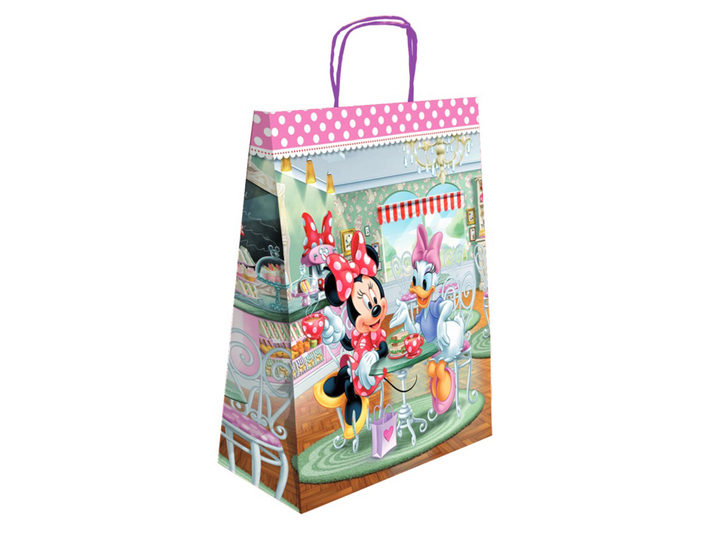 BOLSA PARA REGALO BASIKA PAPEL CELULOSA 90 GR MINNIE CON ASA RETORCIDA TAMAO L 320X140X400 MM