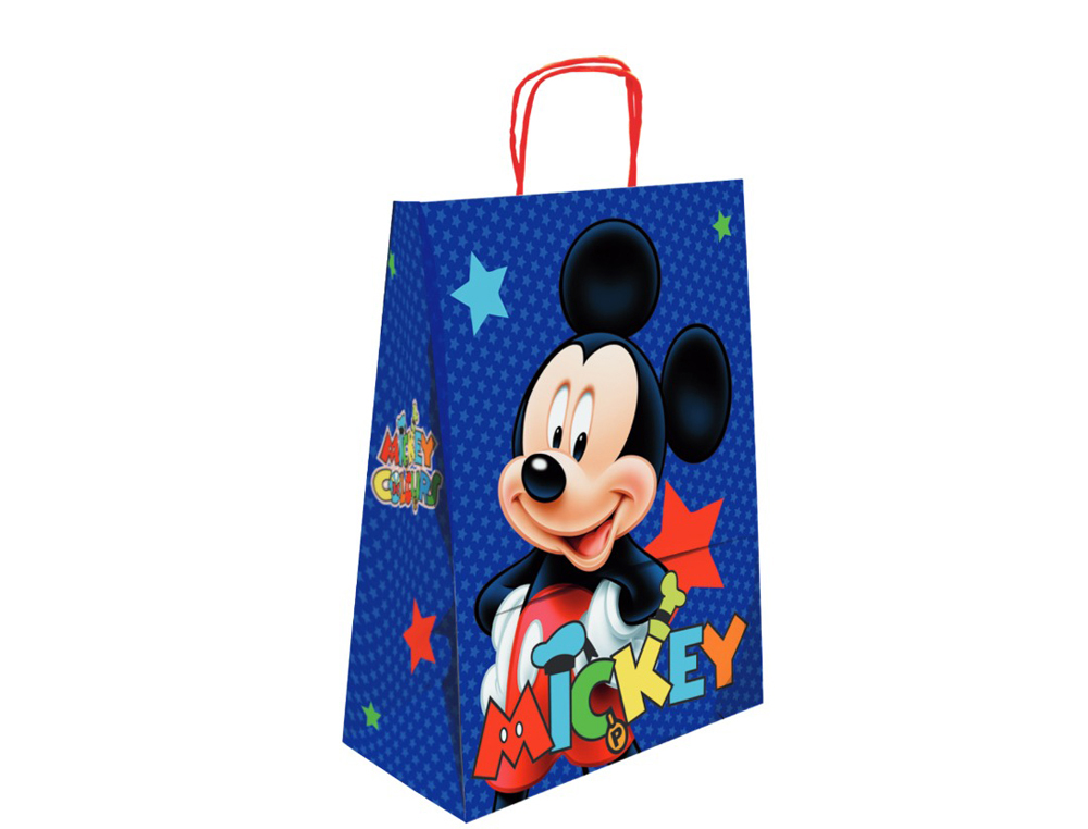 BOLSA PARA REGALO BASIKA PAPEL CELULOSA 90 GR MICKEY CON ASA RETORCIDA TAMAO L 320X140X400 MM