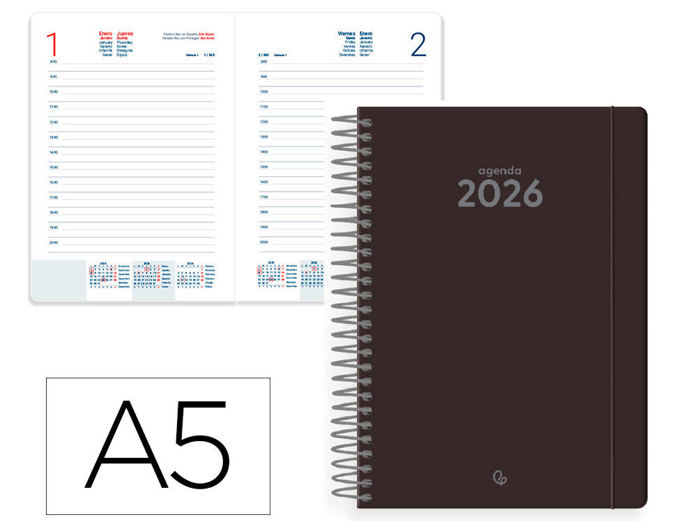 AGENDA ESPIRAL LIDERPAPEL CLASSIC A5 2026 DIA PAGINA NEGRO PAPEL 70 GR FSC