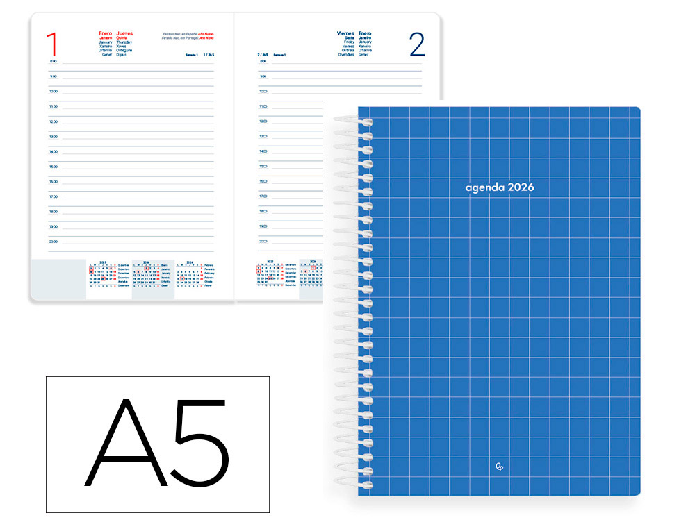 AGENDA ESPIRAL LIDERPAPEL GAZI A5 2026 DIA PAGINA AZUL OSCURO PAPEL 70 GR FSC