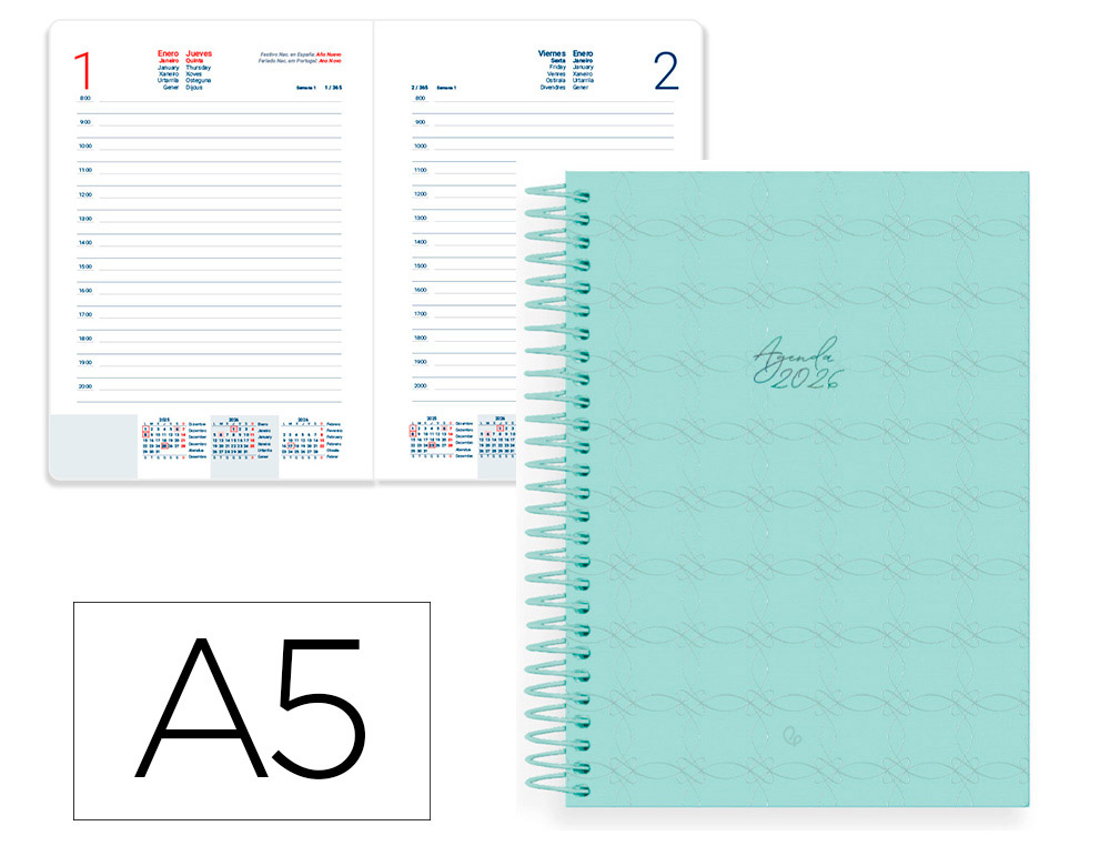 AGENDA ESPIRAL LIDERPAPEL PERISSA A5 2026 DIA PAGINA VERDE PAPEL 80 GR FSC