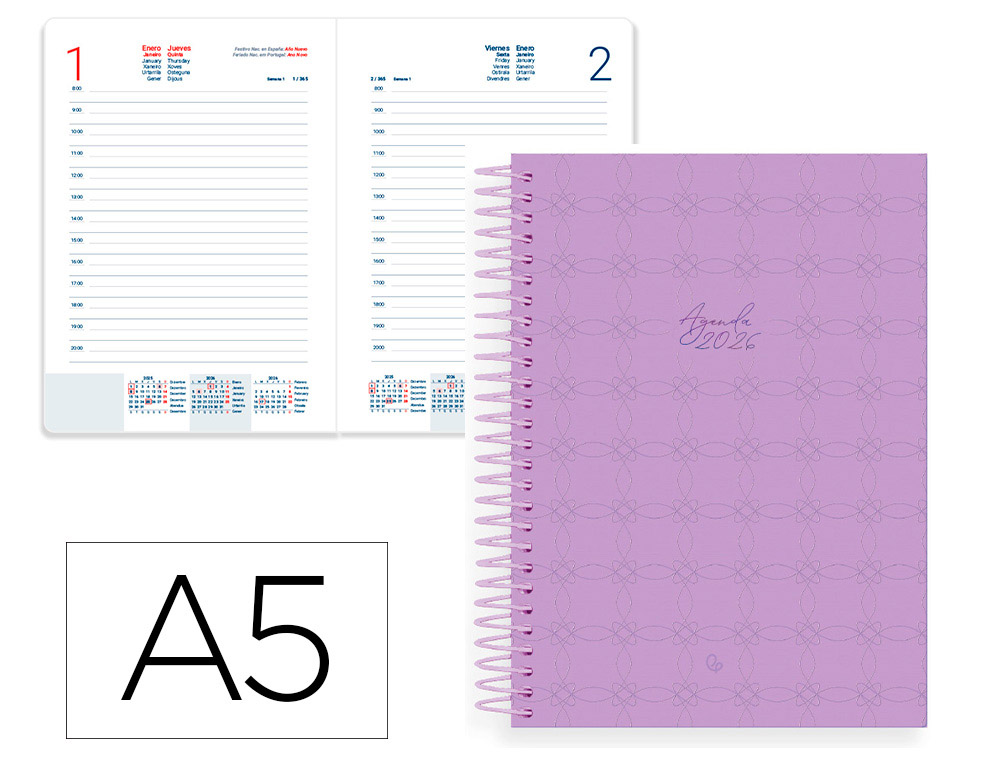 AGENDA ESPIRAL LIDERPAPEL PERISSA A5 2026 DIA PAGINA MORADO PAPEL 80 GR FSC