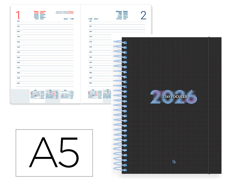 AGENDA ESPIRAL LIDERPAPEL KIMOLOS A5 2026 DIA PAGINA FOCUS PAPEL 70 GR FSC