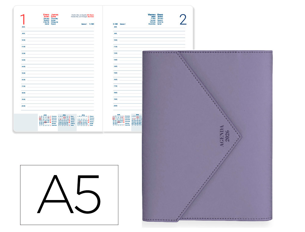 AGENDA ENCUADERNADA LIDERPAPEL PSARA A5 2026 DIA PAGINA MORADO PAPEL 70 GR FSC