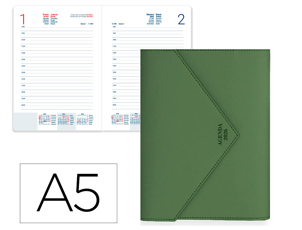 AGENDA ENCUADERNADA LIDERPAPEL PSARA A5 2026 DIA PAGINA VERDE PAPEL 70 GR FSC