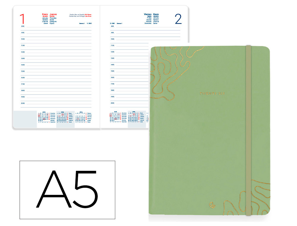 AGENDA ENCUADERNADA LIDERPAPEL EFIRA A5 2026 DIA PAGINA VERDE PAPEL 70 GR FSC