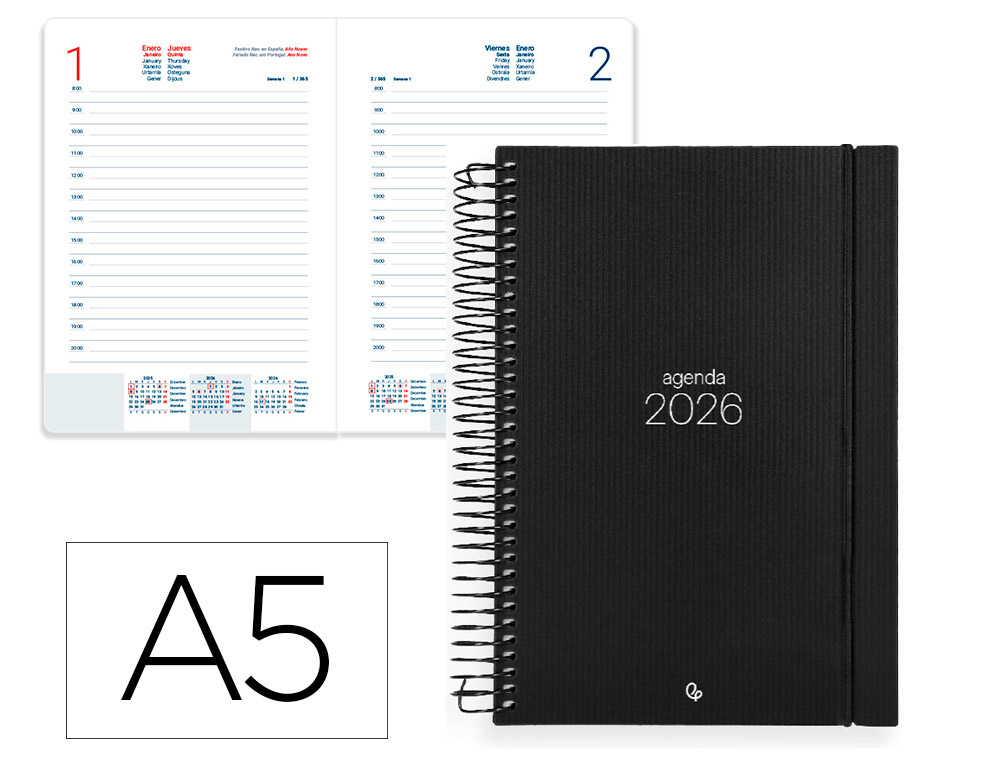 AGENDA ESPIRAL LIDERPAPEL OLBIA A5 2026 DIA PAGINA NEGRO PAPEL 60 GR FSC