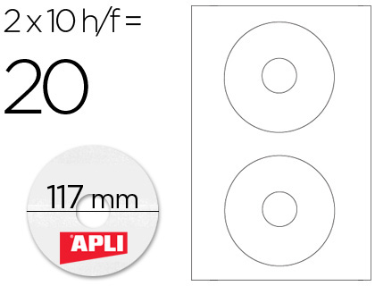 ETIQUETA ADHESIVA APLI 10603 TAMAO CD-ROM 117 MM PARA FOTOCOPIADORA LASER INK-JET CAJA CON 10 HOJAS/20 ETIQUETAS