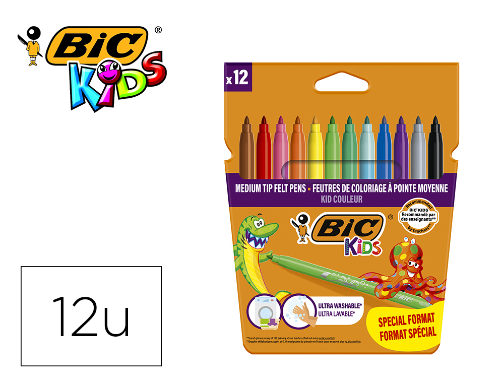 ROTULADOR BIC KIDS COULEUR ESTUCHE DE 12 FORMATO ESPECIALCOLORES SURTIDOS TINTA BASE DE AGUA LAVABLE